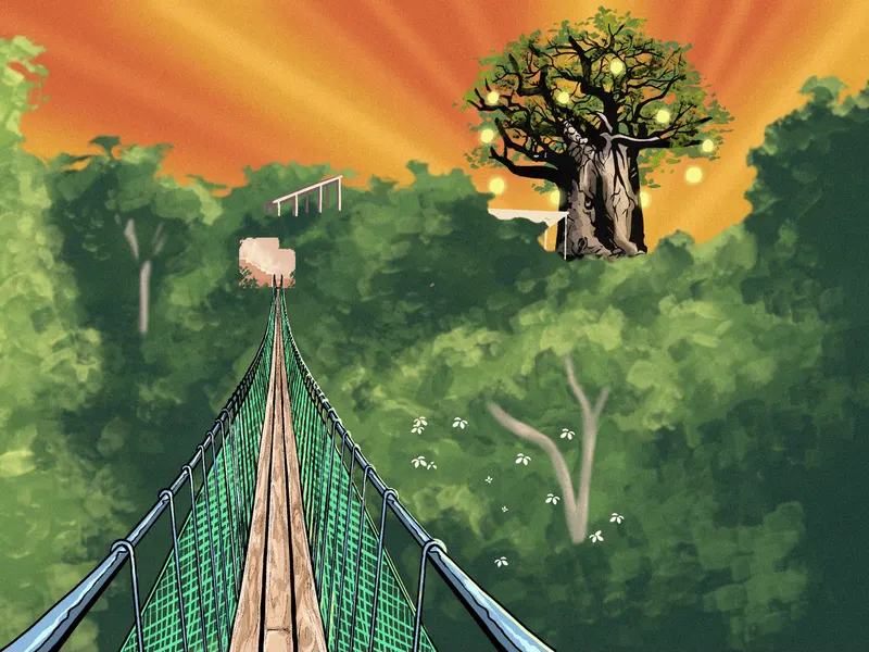 Illustration of the suspension footbridge through the forest canopy toward Beneath the Baobabs
