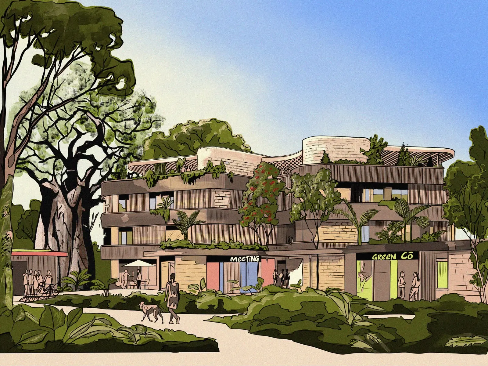 Illustration of the Eco Hub — a green terraced building beside a great baobab, the anchor of the walkable urban village