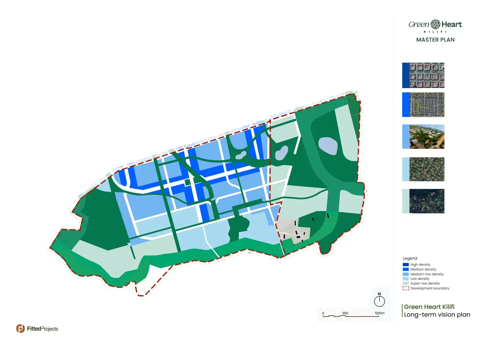 Density plan showing a gradient from high density at the centre to super-low density at the green edges, within the development boundary