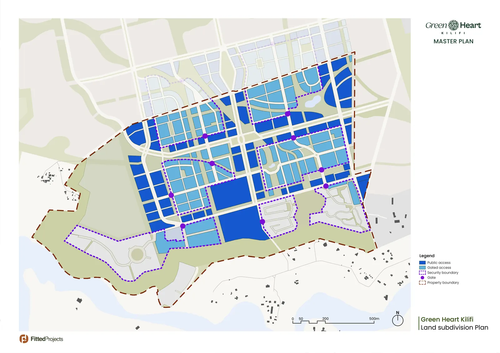 Land subdivision plan showing macroblocks with public and gated access