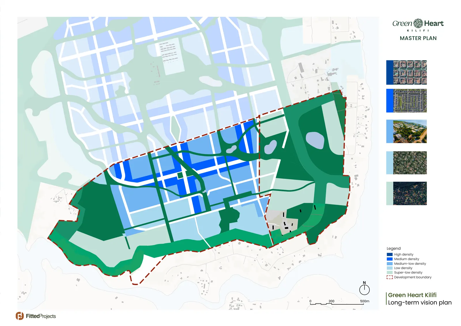 Density plan showing a gradient from high density at the centre to super-low density at the green edges, within the development boundary