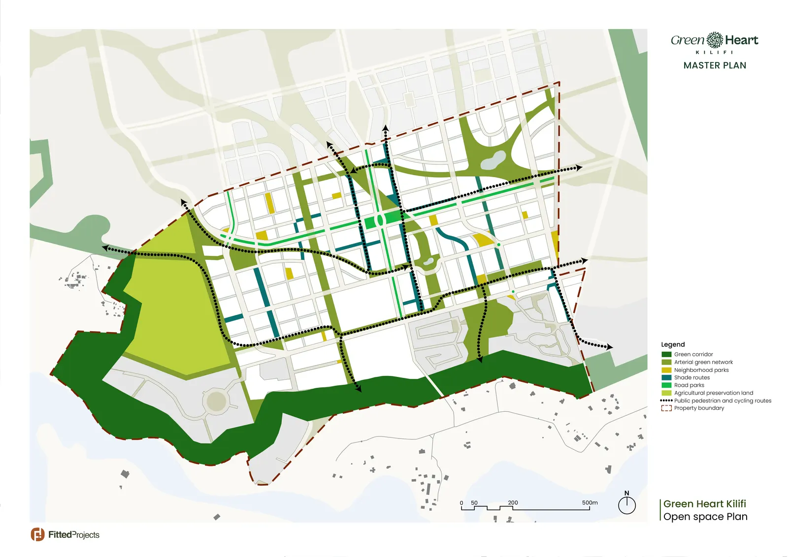 Open space plan: green corridor, arterial green network, parks and shade routes