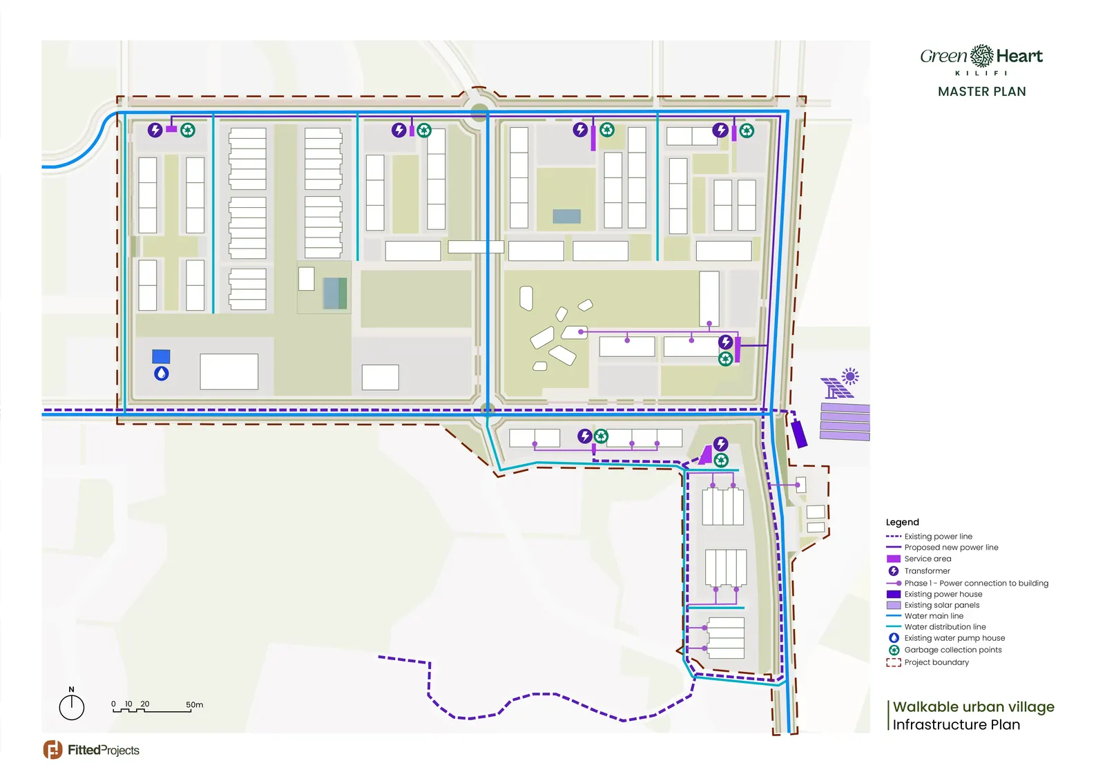 Infrastructure plan showing power lines, transformers, solar, water mains and distribution across the walkable urban village