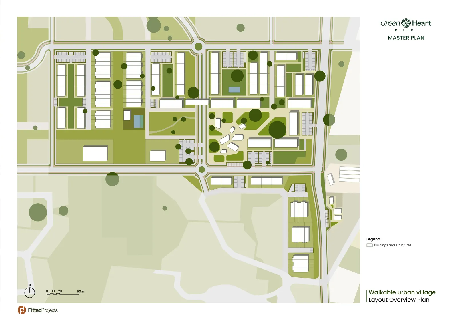 Layout overview plan of the walkable urban village — blocks, streets, parks and buildings