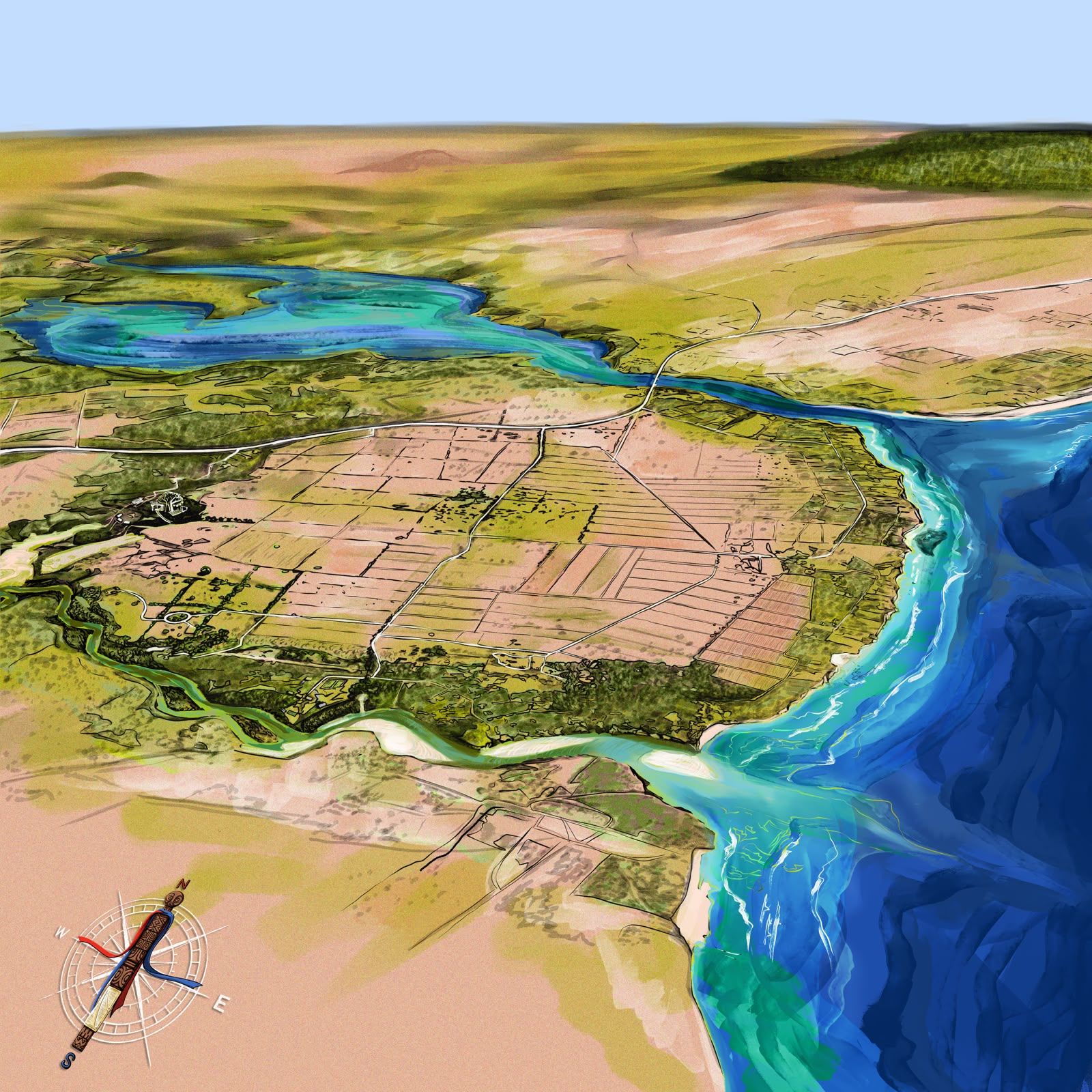 Hand-painted aerial view of the Green Heart Kilifi lands between Kilifi and Takaungu creeks
