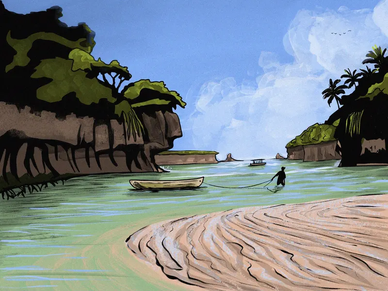 Illustration of Takaungu Creek: a fisherman wading by a wooden boat between mangrove banks