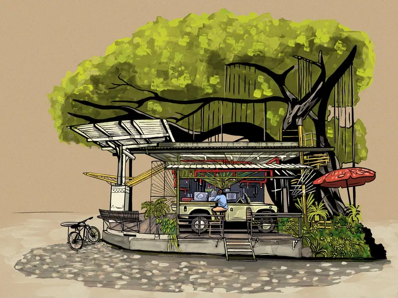 Illustration of a café built around a Land Rover beneath a giant fig tree